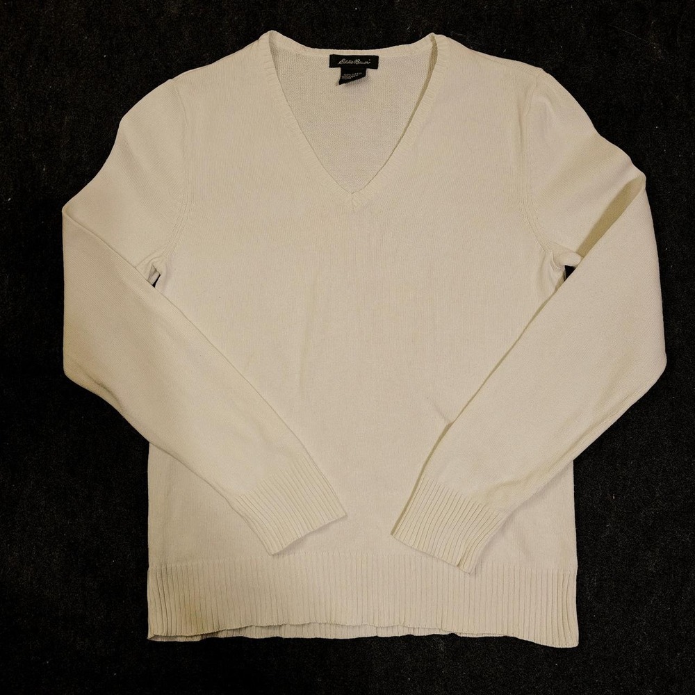 Eddie Bauer Womens Cream Cotton V Neck Sweater Size S Long Sleeve Knit Top